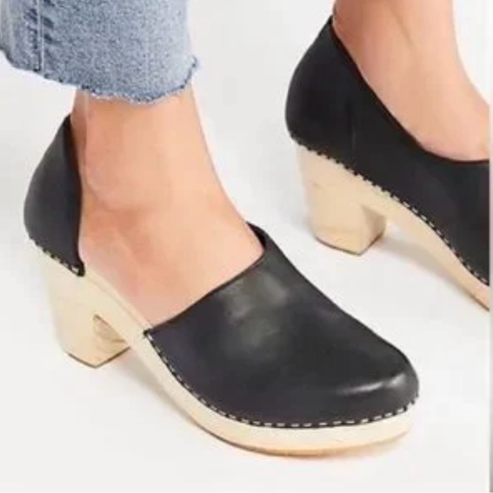Free People Black Leather Clog Mules with Natural Wood Heel